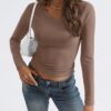 Trendy Queen Long Sleeve Shirts for Women 2024 Fall Fashion V Neck Basics Crop Tops Layering Slim Fitted Y2K Tops - Image 2