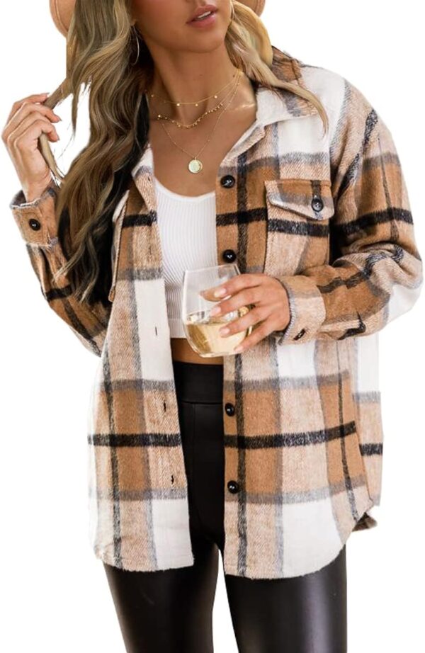 Trendy Queen Womens Flannel Shacket Casual Jacket Plaid Button Down Long Sleeve Shirt Fall Winter Outfits