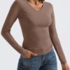 Trendy Queen Long Sleeve Shirts for Women 2024 Fall Fashion V Neck Basics Crop Tops Layering Slim Fitted Y2K Tops - Image 5