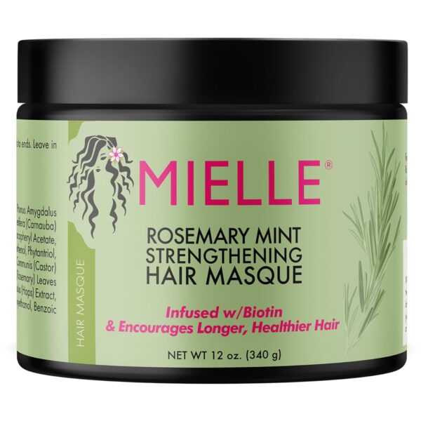 Mielle Organics Rosemary Mint Strengthening Hair Masque, Essential Oil & Biotin Deep Treatment, Miracle Repair for Dry, Damaged, & Frizzy Hair, 12 Ounces