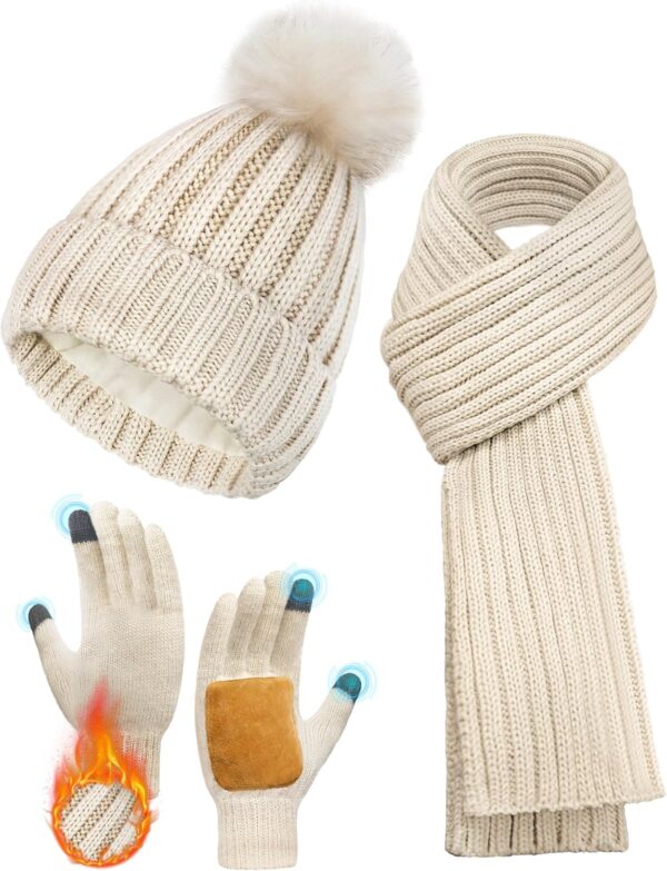 Winter Hat Scarf Glove Set for Women, Thermal Beanie with Pom Pom, Thickened Knit Scarf, Touchscreen Non-Slip Gloves